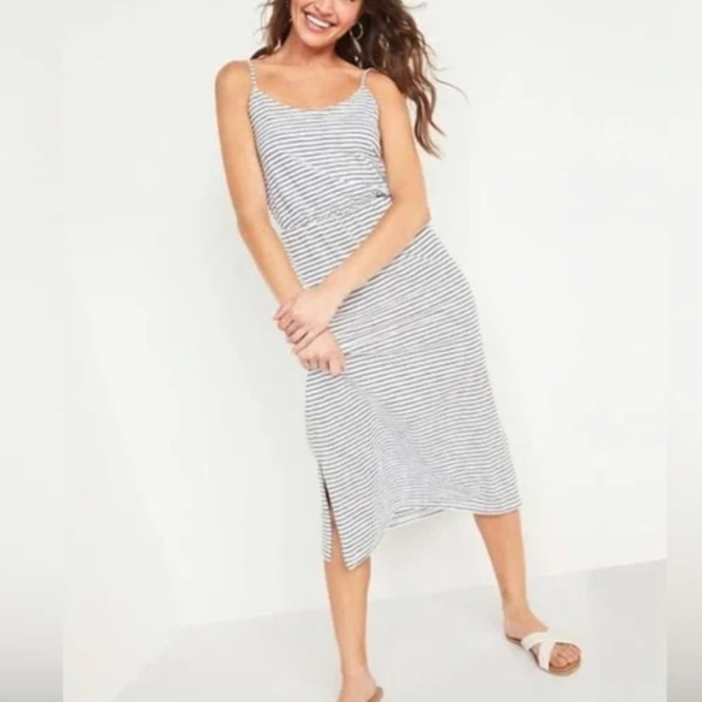Old Navy Waist-Defined Striped Slub-Knit Cami Midi Dress Black White Stripe